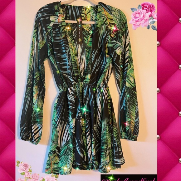 Gorgeous Love and Lemonade green tropical sheer long sleeved romper/mini Sz S - Picture 1 of 2